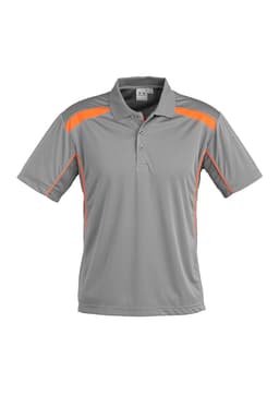 A grey short sleeve polo shirt with orange accents and a logo on the chest.