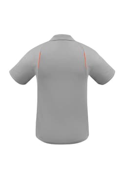 A grey short sleeve polo shirt with orange detailing and a logo on the back.