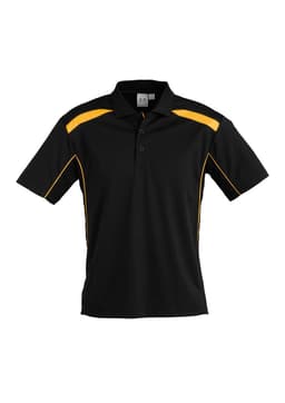 A black short sleeve polo shirt featuring yellow accents and a logo on the chest.