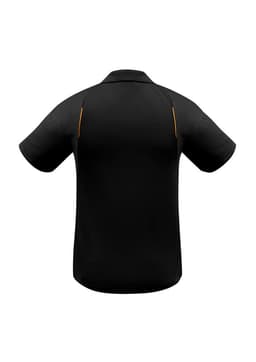 A black short sleeve polo shirt featuring a logo and contrasting yellow detailing on the sides.