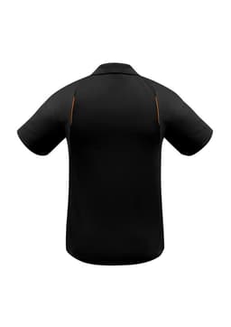 A black short sleeve polo shirt with a subtle design. Features a logo on the front.
