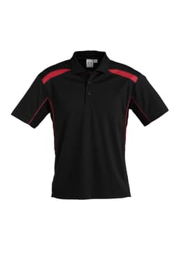 A black short sleeve polo shirt featuring red accents and a logo on the chest.