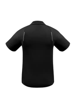 A black short sleeve polo shirt with a logo on the back and contrasting detailing on the sides.