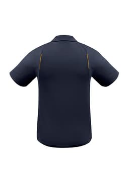 A navy short sleeve polo shirt with a logo, featuring a sleek design and contrasting yellow detailing.