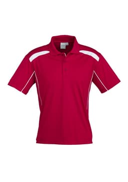 A red short sleeve polo shirt with white accents and a logo on the chest.
