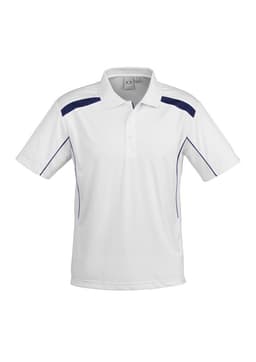 A white short sleeve polo shirt featuring navy accents and a logo. Suitable for casual or sporty wear.