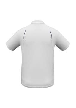A white short sleeve polo shirt with a simple design and contrasting accent details. Features a logo on the front.