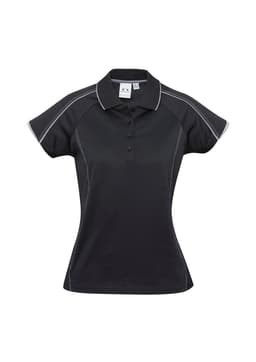 A black women's short sleeve polo shirt with contrast stitching and a logo on the label.