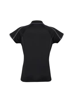 A black women's polo shirt featuring short sleeves and a fitted design, with a contrasting stitch line and a logo.