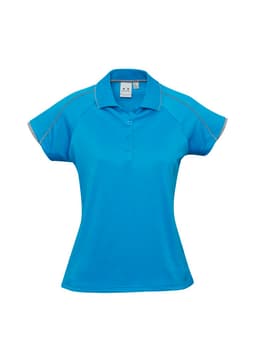 A women's short sleeve polo shirt in a vibrant blue colour with a logo on the chest.