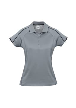 A women's short sleeve polo shirt in grey with black detailing and a logo.