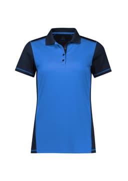 A blue and navy women's short sleeve polo shirt featuring a collar and a logo on the chest.