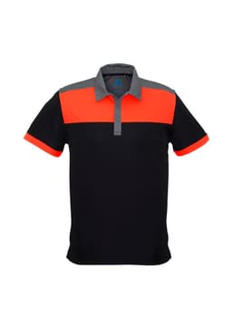 A short sleeve polo shirt in black with bright orange and grey accents, featuring a logo on the chest.