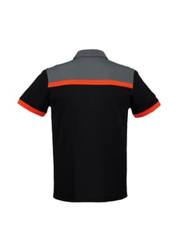 A black short sleeve polo shirt featuring grey and orange stripes. The shirt has a branding logo on it.