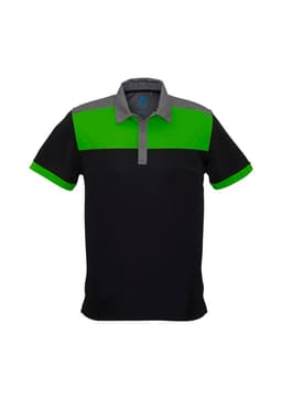 A black short sleeve polo shirt with bright green and grey accents, featuring a collar and a logo.