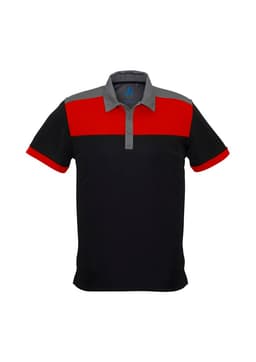 A short sleeve polo shirt in black with red and grey sections, featuring a collar and a logo.