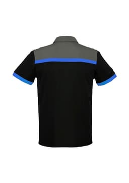 A black and grey short sleeve polo shirt with blue accents and a logo on the back.