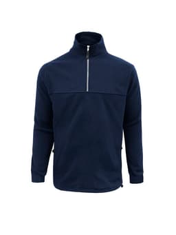 A navy blue men's heavy weight fleece jumper featuring a half zip and side pockets. It has a logo on the front.