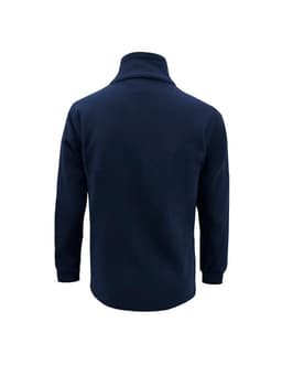 A navy blue men's heavy weight fleece jumper featuring a high collar and long sleeves, with a logo on the back.
