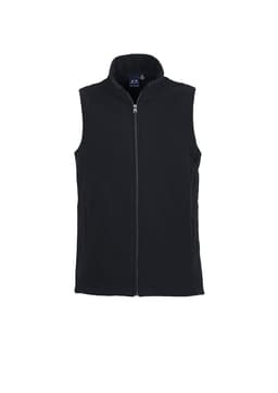 A black micro fleece vest with a zip fastening and stand collar. Features a logo on the upper left side.