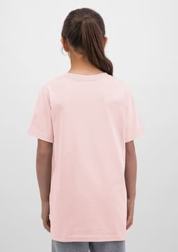 A back view of a pink short sleeve tee. The shirt is plain with no visible logos or designs.