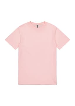 A pink short sleeve T-shirt with a plain design and a visible label at the neckline.