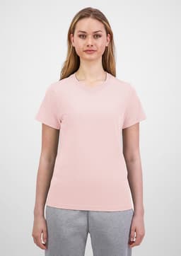 A light pink women's short sleeve tee with a fitted design, featuring a logo on the front.