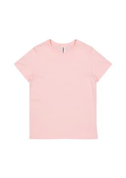 A pink women's short sleeve tee with a basic design and a small brand label inside the collar.