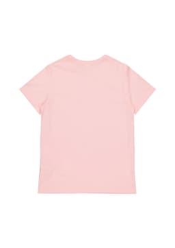 A light pink women's short sleeve tee, featuring a simple design and a branded logo on the back.