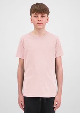 A plain pink short sleeve tee displayed on a model against a neutral background. The shirt has a logo.