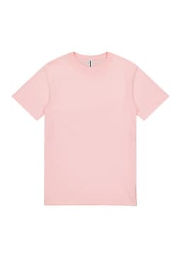 A pink short sleeve T-shirt featuring a crew neckline and a logo on the label.