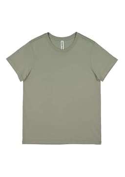 A women's short sleeve tee in a muted olive green shade, featuring a simple design and a logo label.