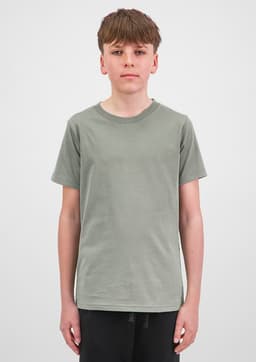 A youth short sleeve tee in olive green, featuring a simple design and a fitted style. It has a logo.