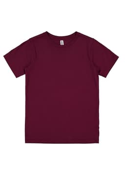 A maroon short sleeve tee with a label and no additional graphics or text. Suitable for kids.