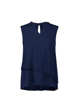 A sleeveless, layered blouse in navy blue featuring a keyhole neckline and a flowing silhouette.