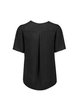 A black women's short sleeve blouse featuring a pleat detail at the back and a smooth fabric finish.