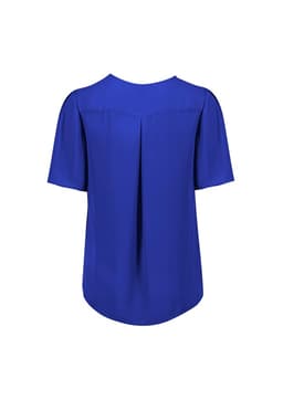 A blue women's short sleeve blouse featuring a pleated back design and soft fabric. It includes a logo.