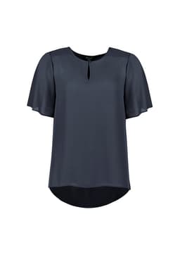 A short sleeve blouse in dark blue, featuring a keyhole neckline and a relaxed fit. It has a branding logo.