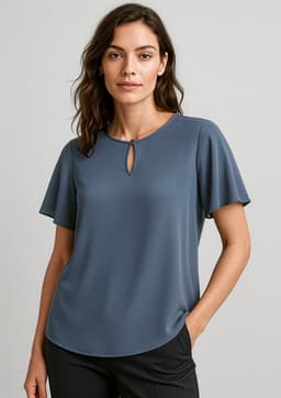 A women's short sleeve blouse in a soft blue, featuring a keyhole detail at the neckline and a relaxed fit.