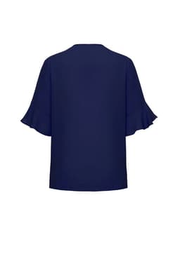 A navy blue women's blouse with fluted sleeves and a simple back design. Features a branding logo.