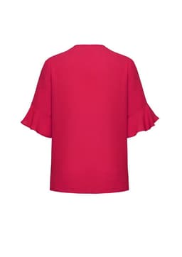A red blouse with fluted sleeves, featuring a simple back design. It has a smooth fabric and a relaxed fit.
