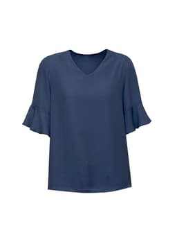 A navy fluted sleeve blouse with a V-neck design, featuring soft, flowing sleeves and a relaxed fit.