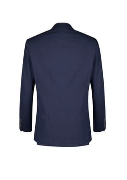 A navy blue men's blazer with a tailored fit, featuring long sleeves and a back vent.
