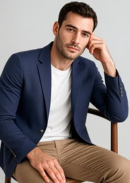 A navy blue men's blazer worn over a white t-shirt, paired with tan trousers, featuring a logo on the blazer.