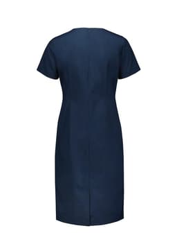 A navy blue women's short sleeve dress featuring a zip closure at the back and a simple, elegant design.