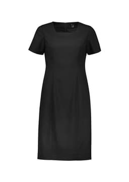 A black short sleeve dress featuring a square neckline and a fitted silhouette, with a concealed back zipper and a logo.