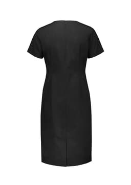 A short sleeve black dress with a fitted silhouette and a concealed back zipper. It has a simple design and no visible branding.