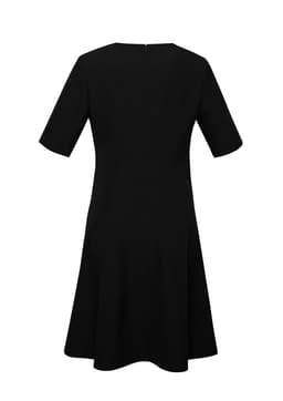 A black women's dress with extended short sleeves, featuring a fitted bodice and flared skirt silhouette.