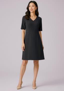 A dress in dark grey with extended short sleeves and a V-neckline, featuring a brand logo.