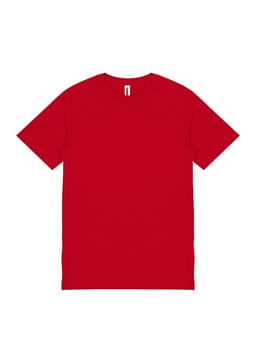 A red short sleeve t-shirt featuring a plain design and a branding label.